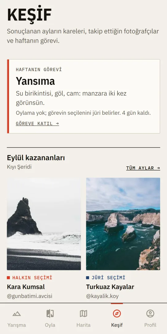 Keşif ekranı: haftanın görevi, kazananlar ve takip edilenler
